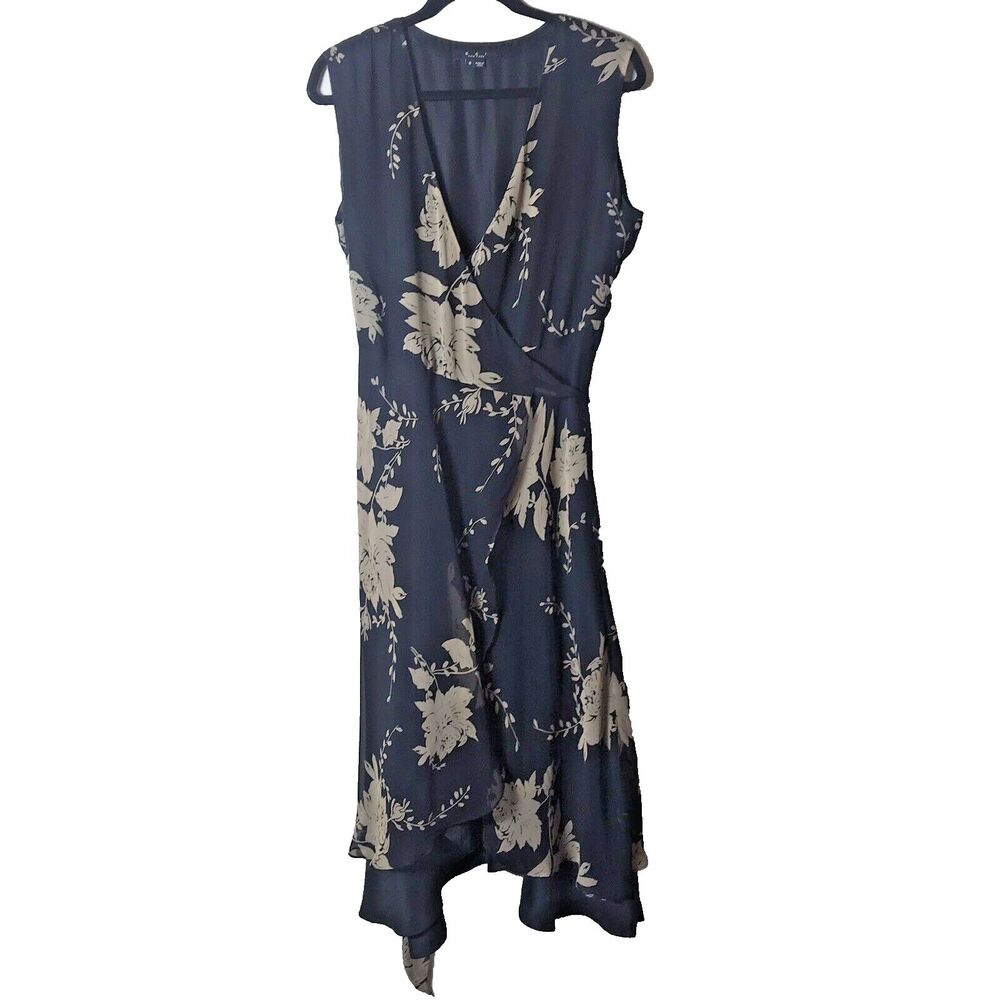 ECI New York Woman's Black & Beige Silk Sleeveless Floral Ruffle Wrap Dress Sz 8